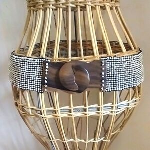 Elegant Brown & Beige Beaded Full Stretch Wood Closure Belt